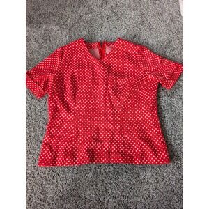 Vintage Red White Polka Dot V-Neck Short Sleeve Knit Blouse Back Zip Large